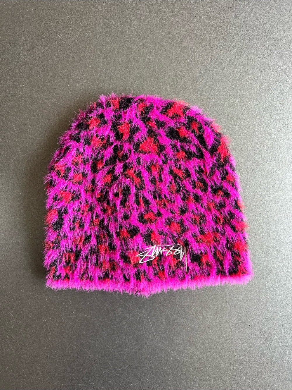 Stussy Fuzzy Leopard Beanie in Hot Pink and Black